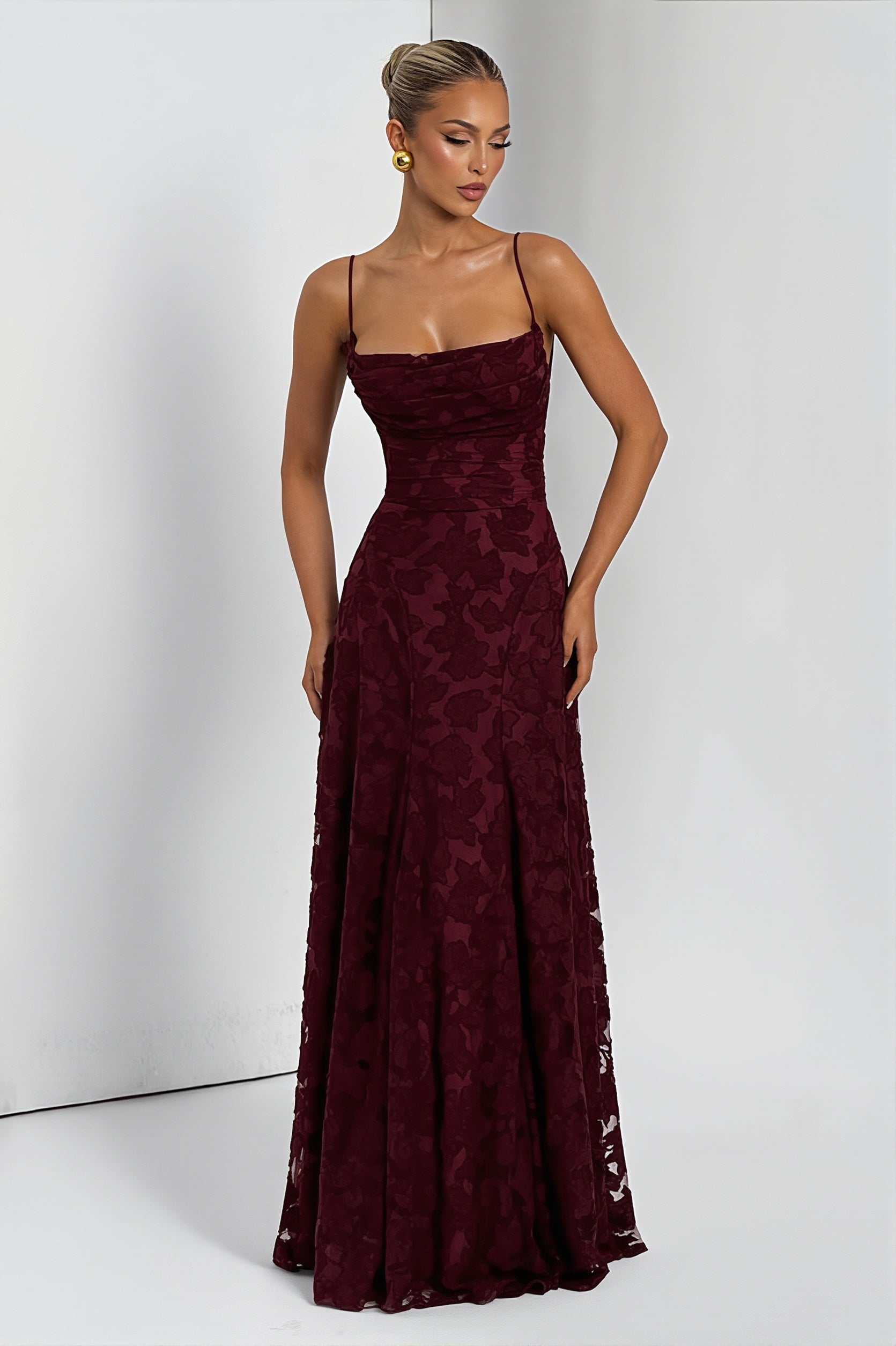 Chiffon Jacquard Backless Cami Maxi Dress