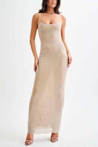 Midnight Fantasy – Stretch-Maxikleid mit Pailletten und Netzstoff-Schultergurten und offenem Rücken 