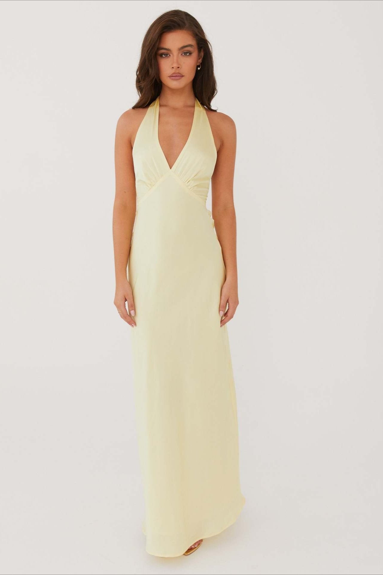 Elegant Solid V Neck Slim Fit Maxi Dress