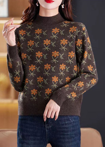 Jacquard Kaffee Rollkragen Gemütliche Strickpullover Frühling 