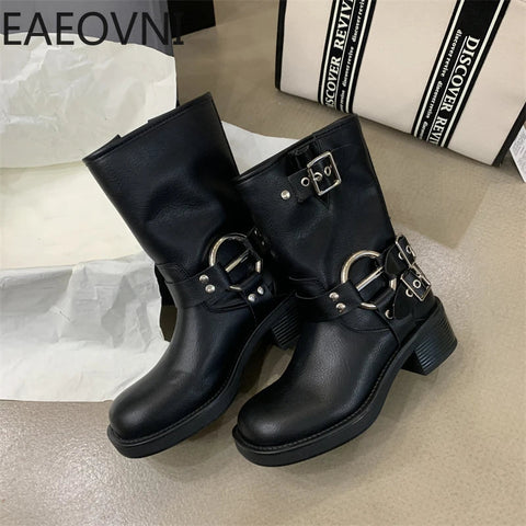 Winter Short Boots For Women Fashion Belt Buckle Biker Boots Female Elegant Square Heel Women's Knight Bootties