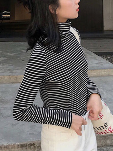 Camiseta informal de manga larga y cuello alto en 6 colores 
