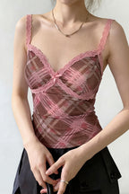 Elegant Pink Plaid Lace Cami Top