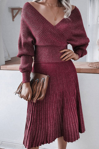 Vestido midi de dos piezas con hombros descubiertos y tejido de canalé de lúrex metalizado - Borgoña 