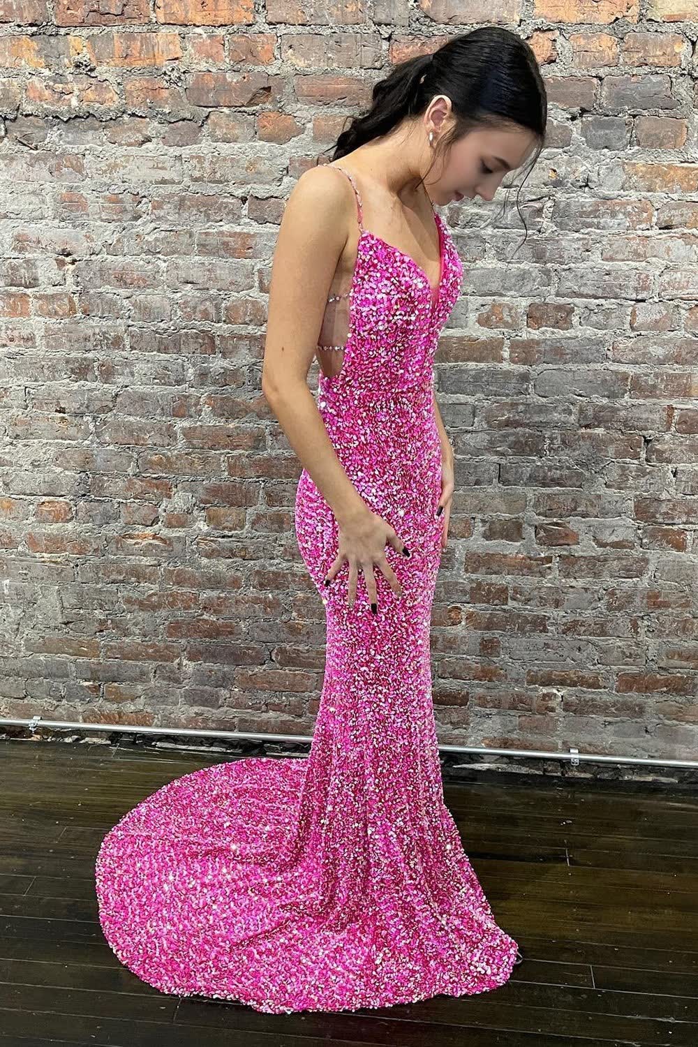 Meerjungfrauen-Abendkleid mit Spaghettiträgern, pinkfarben, rückenfrei, lang