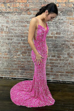 Meerjungfrauen-Abendkleid mit Spaghettiträgern, pinkfarben, rückenfrei, lang