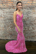 Meerjungfrauen-Abendkleid mit Spaghettiträgern, pinkfarben, rückenfrei, lang