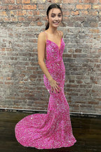 Meerjungfrauen-Abendkleid mit Spaghettiträgern, pinkfarben, rückenfrei, lang