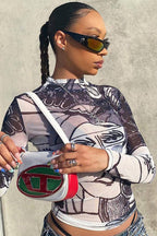 Sexy Sheer Mesh Print Round Neck Long Sleeve Blouse