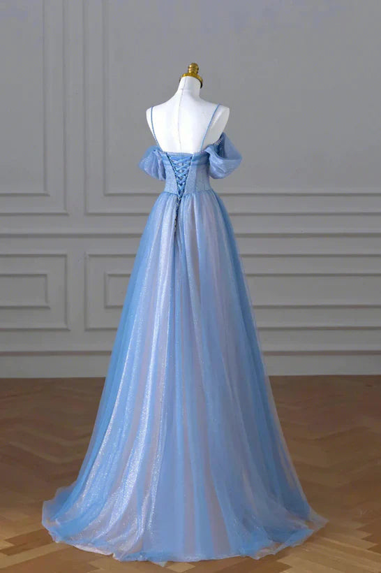 A-Linien-Prinzessinnenkleid aus glitzerndem, blauem und rosafarbenem, perlenbesetztem Tüll, langes Partykleid/Abendkleid
