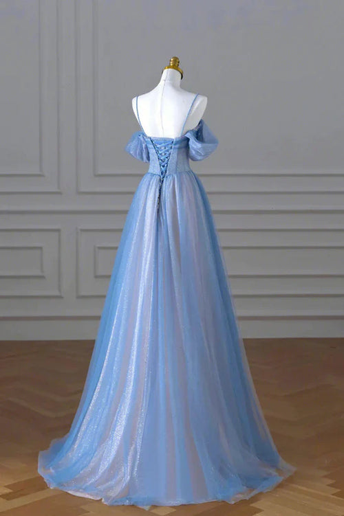 A-Line Princess Glitter Blue and Pink Beaded Tulle Long Party Dress Prom Dress