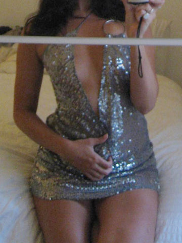 Minivestidos asimétricos con lentejuelas y escote en V profundo ultra sexys para club 