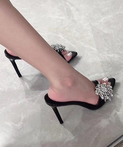 Schwarze Stiletto-Sandalen aus Kunstleder mit Zirkonia 