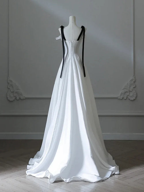 A-Line Satin White Long Prom Dress Formal Dress with Sweep Train
