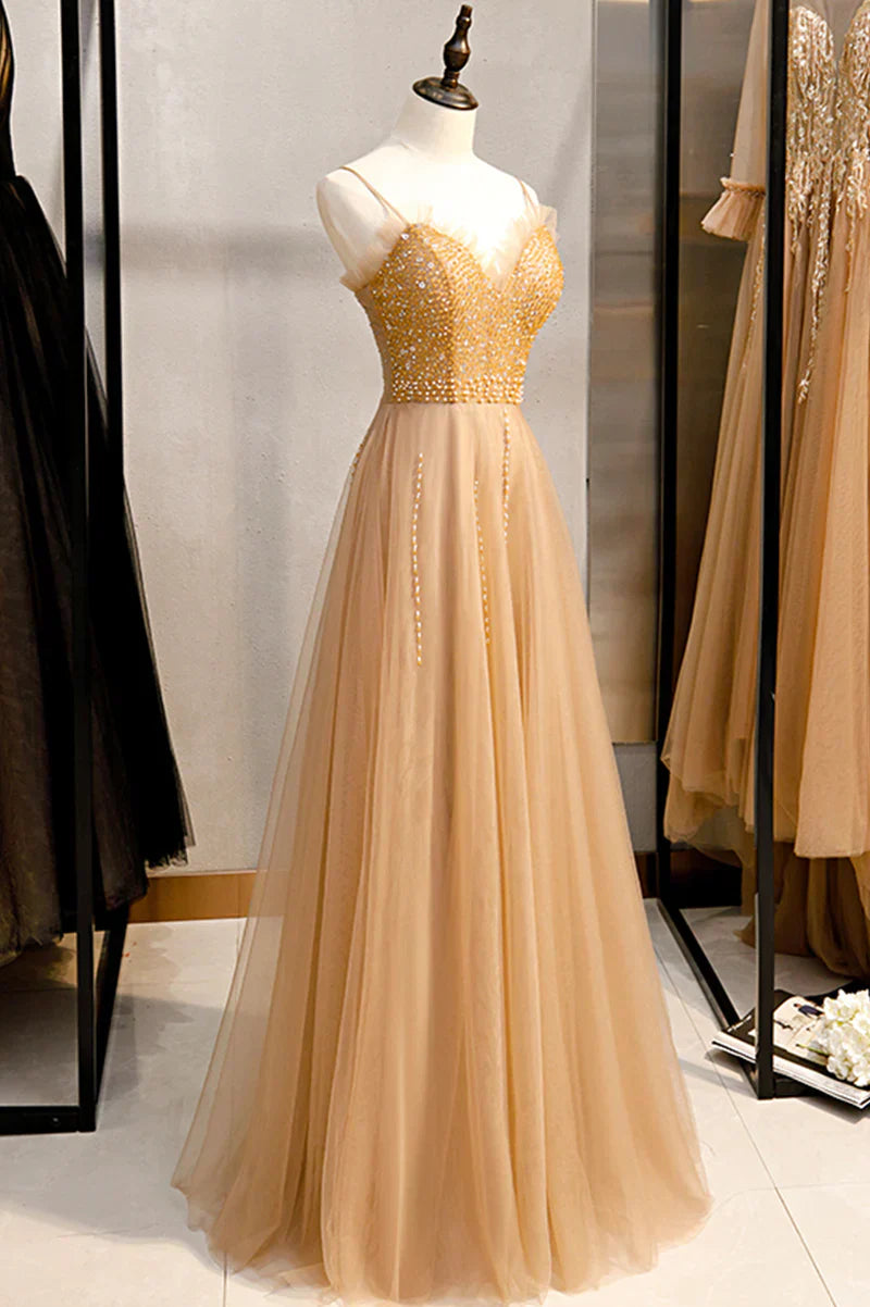 Tüll-Partykleid mit Perlenbesatz und Herzausschnitt, A-Linien-Tüll-Abendkleid in Bodenlänge 