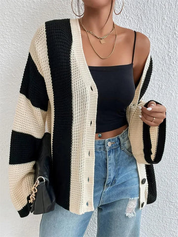 Suéter cárdigan de moda con contraste y agujeros de Tossy, prenda de punto para mujer, suelto, de manga larga, ropa de calle, abrigo de retazos para mujer 