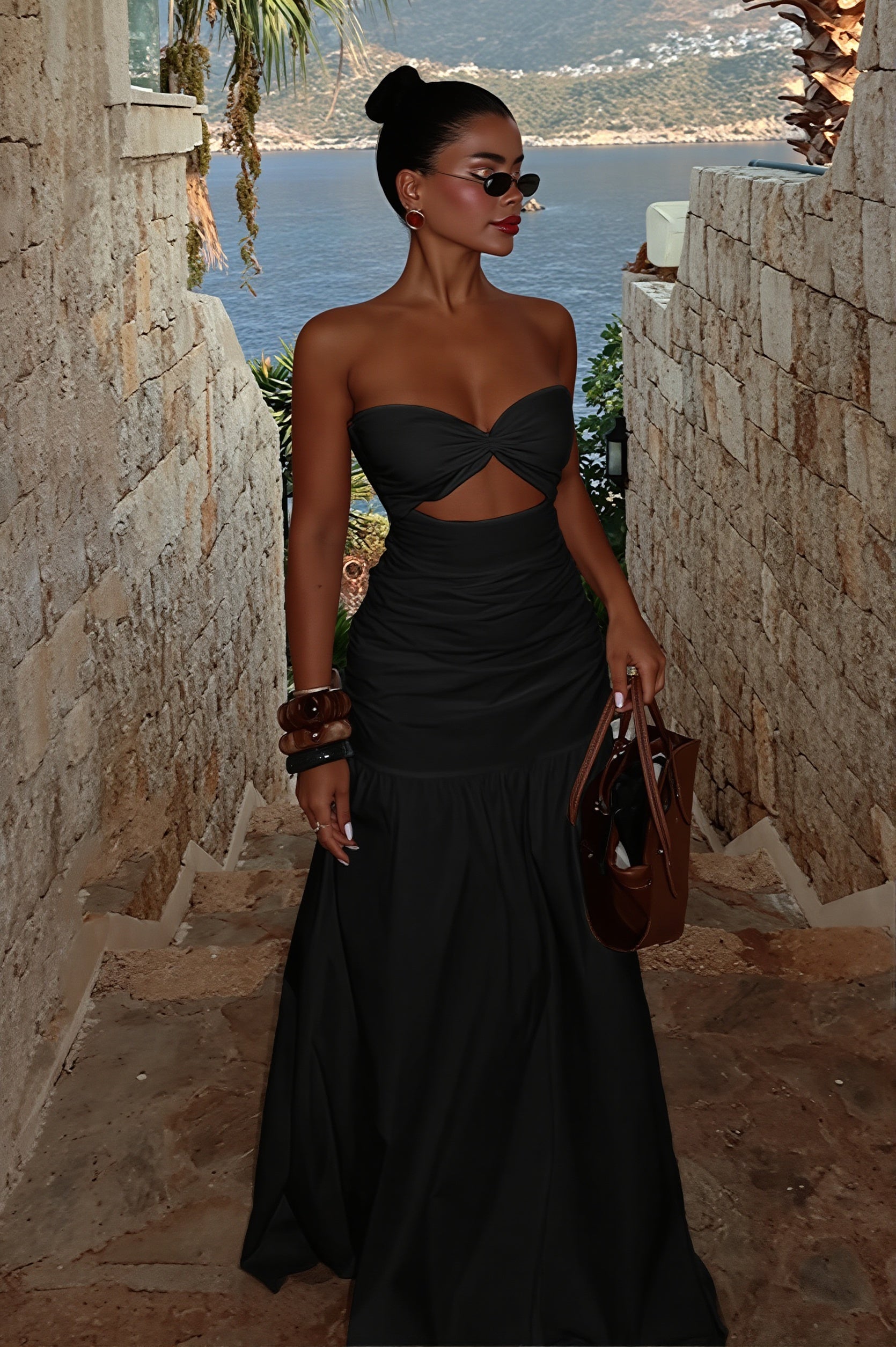 Solid Hollow Bandeau Casual Maxi Dress