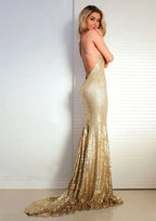 Vestido de fiesta de sirena con lentejuelas, escote en V y cola plisada