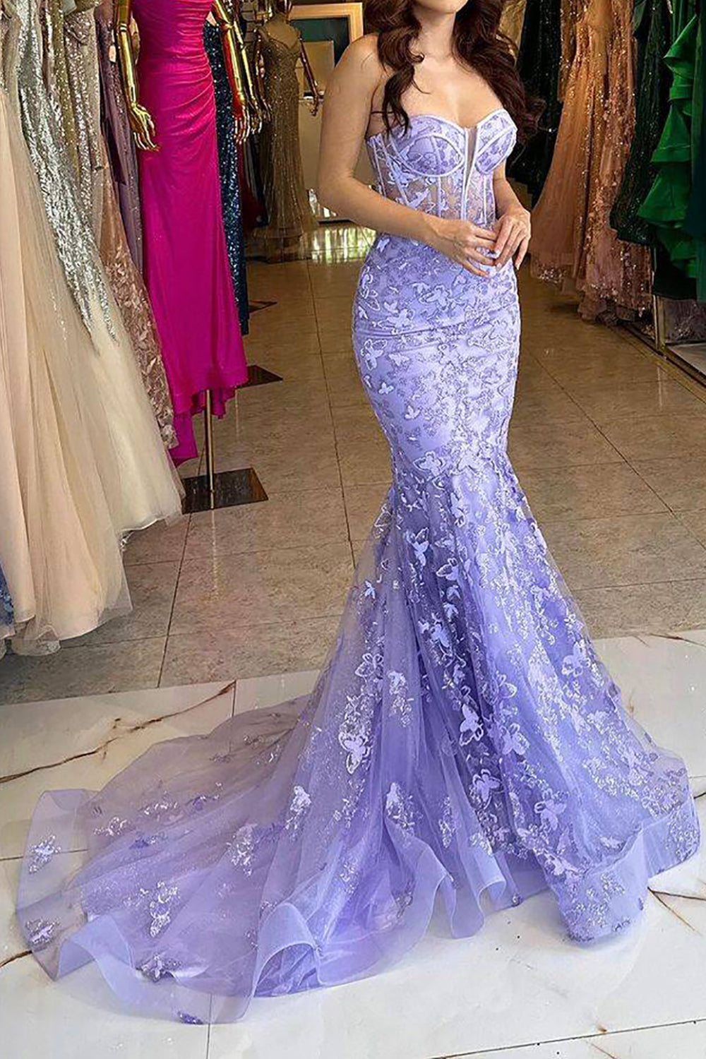 Wunderschönes, blaues Meerjungfrauen-Abendkleid mit Korsett und Stickereien
