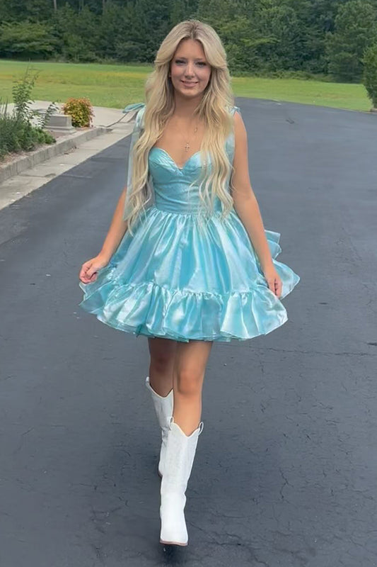 Light Blue Metallic A Line Short Homecoming Dress with Ruffles