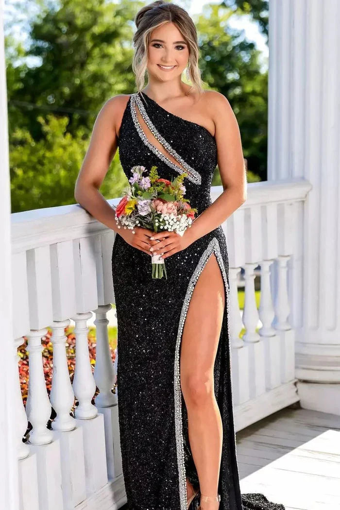 Vestidos de fiesta de sirena con lentejuelas y abertura en el hombro