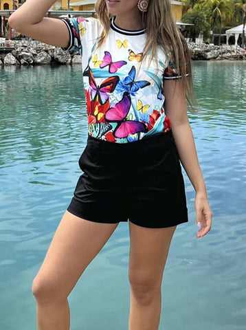 Round Neck Butterfly Print T-shirt
