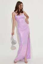 Lavender Sequin Prom Dress with Fringes