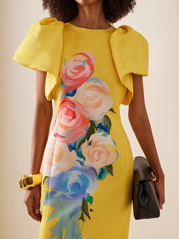 Short Sleeves Floral Printed Split-back Round-neck Maxi Dresses