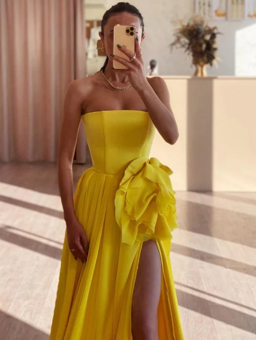 A-Linien-Kleid, trägerlos, hochgeschlitzt, plissiert, ärmellos, ärmellos, langes Ballkleid 