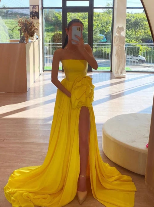 A-Linien-Kleid, trägerlos, hochgeschlitzt, plissiert, ärmellos, ärmellos, langes Ballkleid 