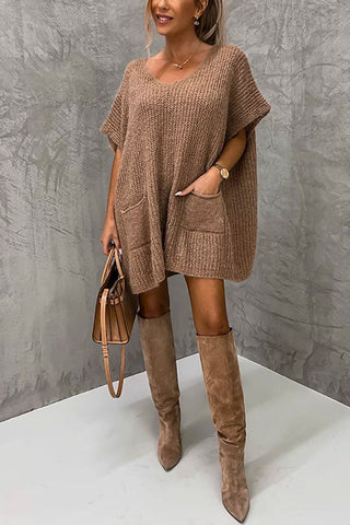 Suéter tipo poncho Meridress de gran tamaño con cuello en V, mangas cortas y bolsillos