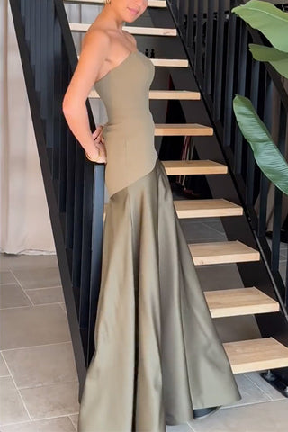 (En 5 colores) Vestido maxi de fiesta con vuelo y patchwork sin tirantes Meridress