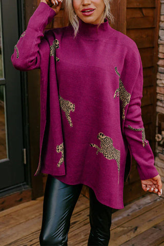 Suéter Meridress con cuello alto, abertura lateral y estampado de guepardo