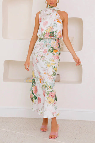 Meridress Halter Sleeveless Waisted Printed Dress