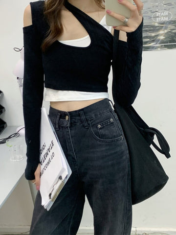 Sexy Patchwork Long Sleeve T-shirts Women Slim Fit Fashion Crop Tops Hot Girls Irregular Skinny Elegant Casual Off-shoulder Tees