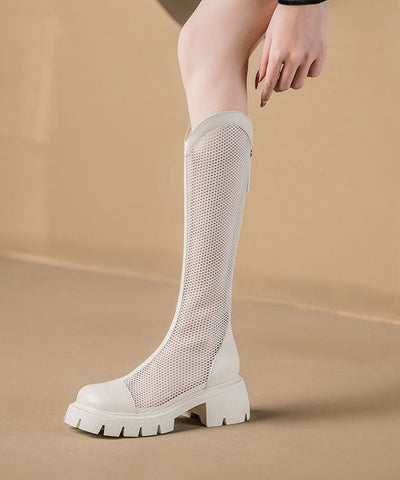 Khakifarbene, atmungsaktive Mesh-Stiefel aus dickem Rindsleder mit lässigem Spleißmuster 