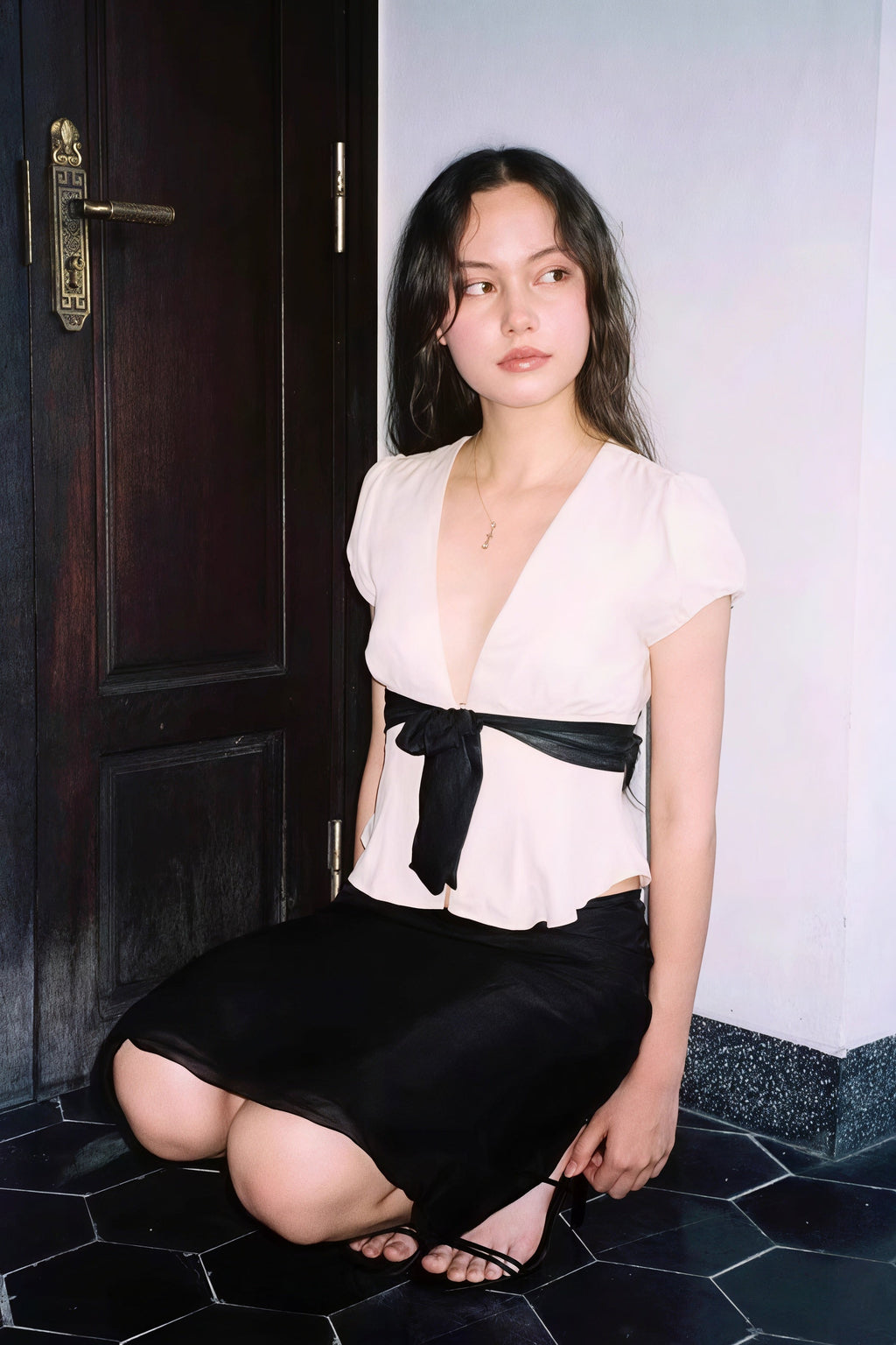 Deep V Neck Bow Tie Waist Blouse