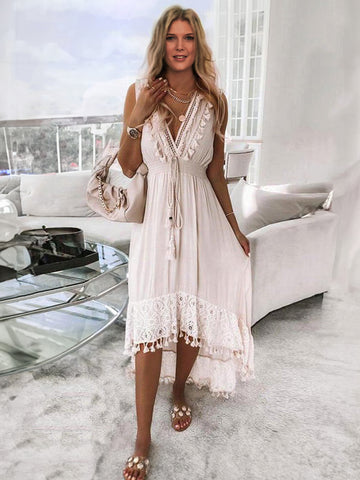 Vestido midi sexy sin mangas con escote en V y diseño de flecos altos y bajos 