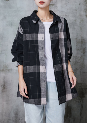 Boho Schwarz Oversized Plaid Baumwollhemd Tops Frühling 