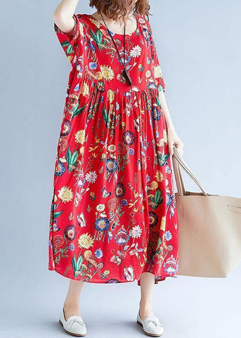 Einfache rote Druck Baumwollkleidung für Frauen O-Ausschnitt Cinched Kleider Sommerkleider 