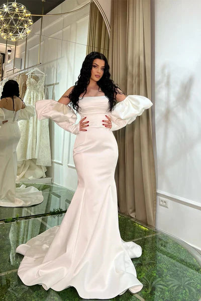 Strapless  Mermaid Prom Dress Lace-Up Back Detachable Sleeves