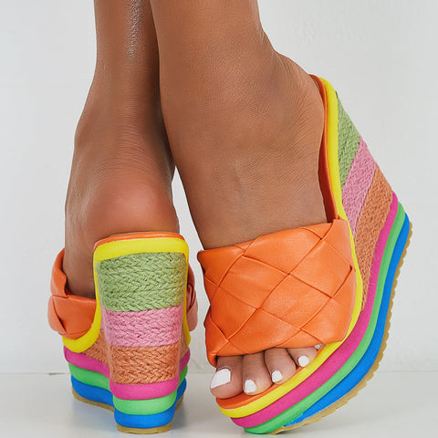 Geflochtene Slide-Wedge-Sandalen Bunte Heels Espadrille-Plateausandalen 