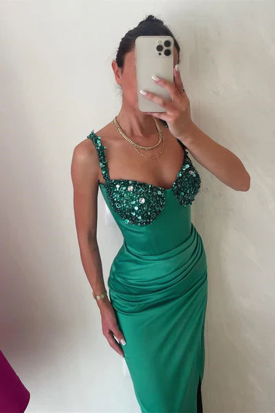 Emerald  Sequined Sleeveless Mermaid Evening Prom Dresses