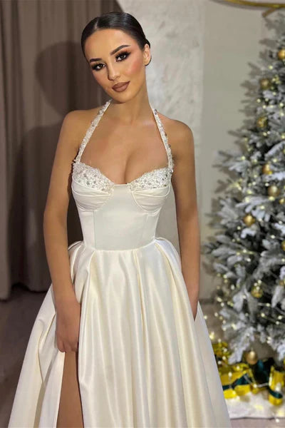A-Line Prom Dresses Halter Sleeveless Long Split with Beadings