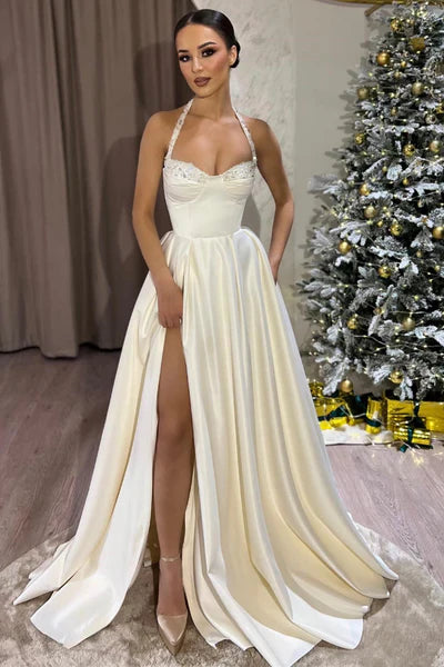 Vestidos de Fiesta Largos de Corte A con Cuello Halter sin Mangas, Abertura y Pedrería