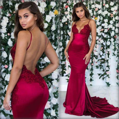 Vestidos de fiesta de sirena sin mangas con espalda descubierta y tirantes finos con apliques de encaje 