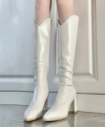 Botas de tacón grueso con punta puntiaguda y diseño de empalme de moda en beige 