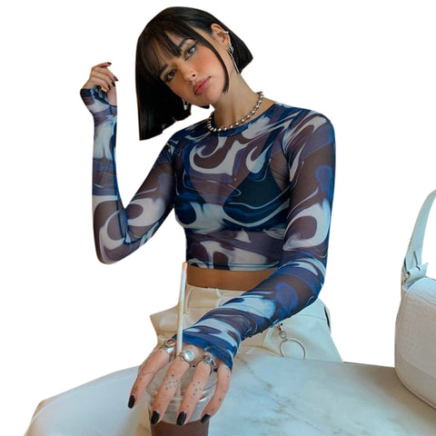 CUTENOVA Top corto sexy Y2K Vintage Harajuku con estampado gráfico de malla transparente, camiseta de manga larga acampanada, corte entallado, ropa estética para mujer 