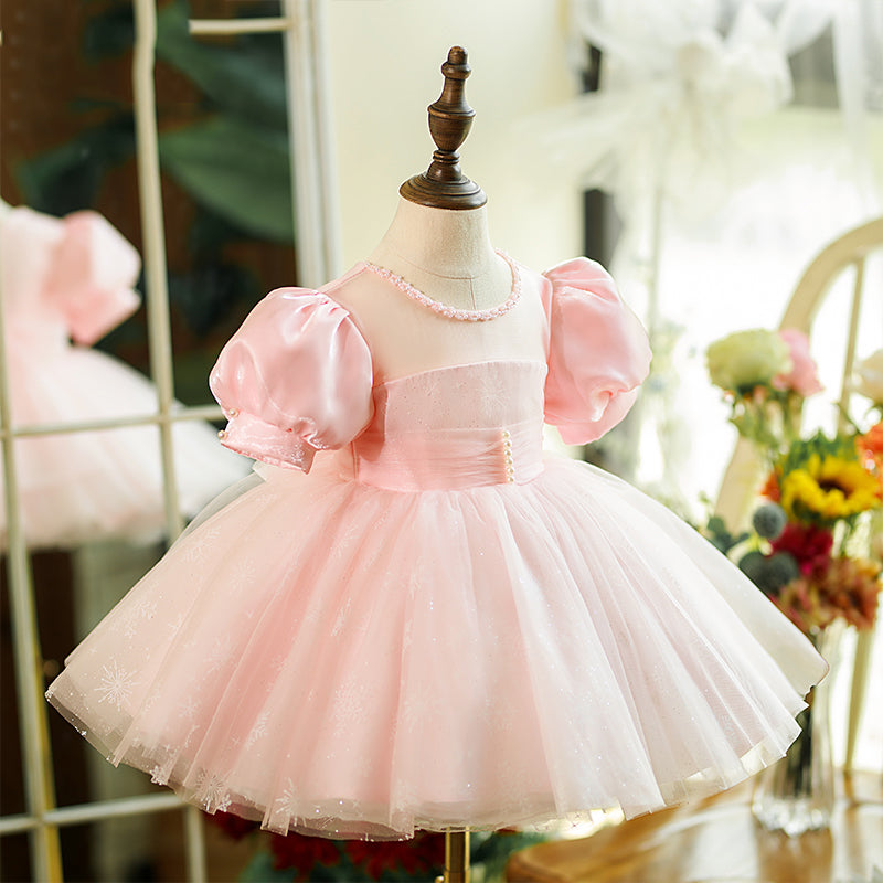 Vestido de niña de las flores, color rosa, con mangas abullonadas y malla esponjosa, para comunión y princesa. 