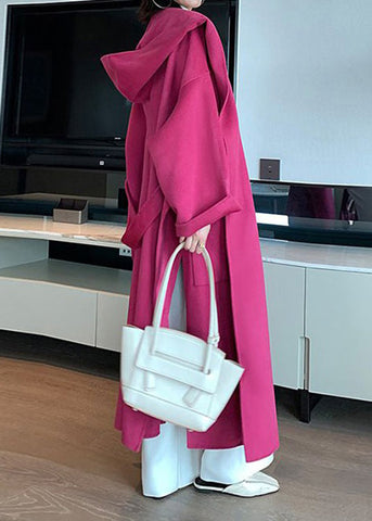 Neu Rose Mit Kapuze Taschen Krawatte Taille Woll Langen Mantel 